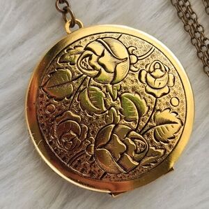 Vintage Gold Tone Floral Etched Round Locket Pendant Double Strand Y Necklace